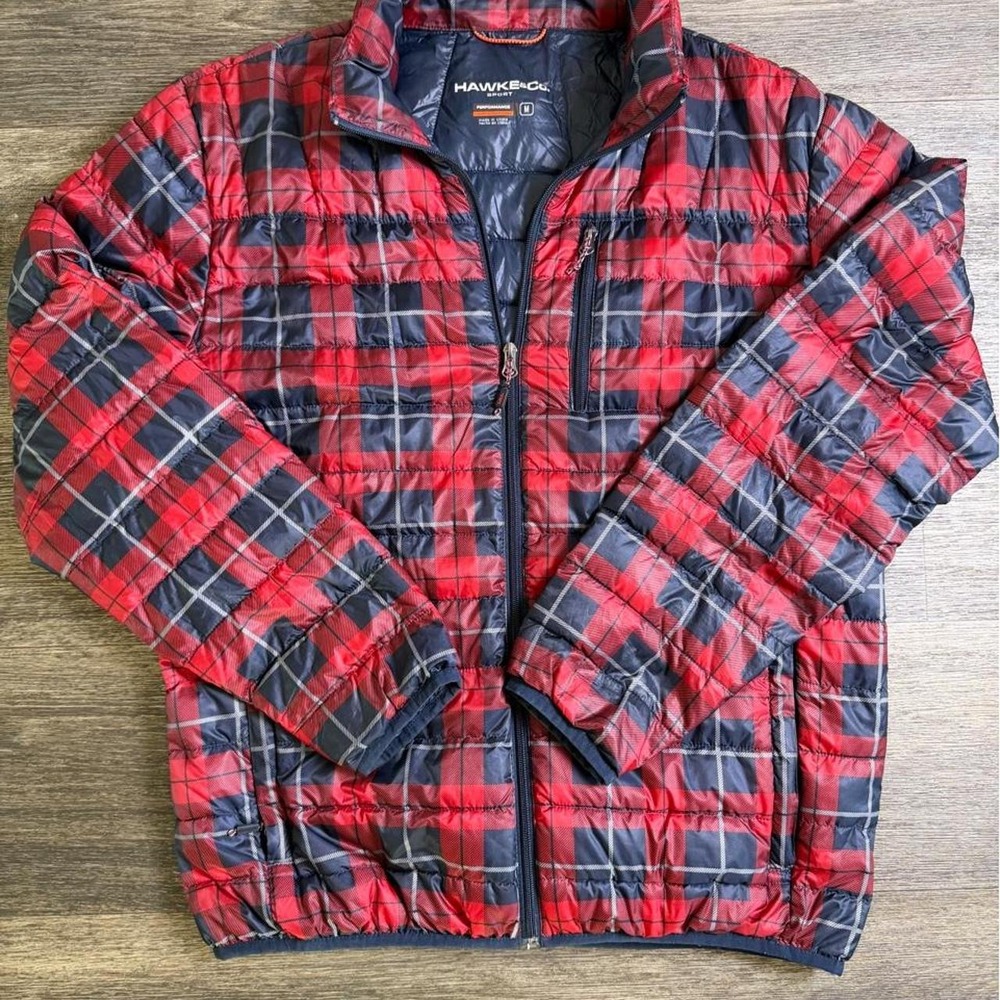 Hawke & Co. red and navy blue plaid puffer jacket Mens size Medium